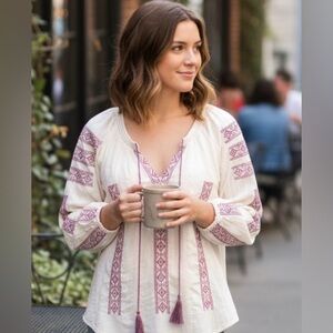 American Eagle Top Womens S Peasant Blouse Embroidered Boho Hippie Beach Relaxed